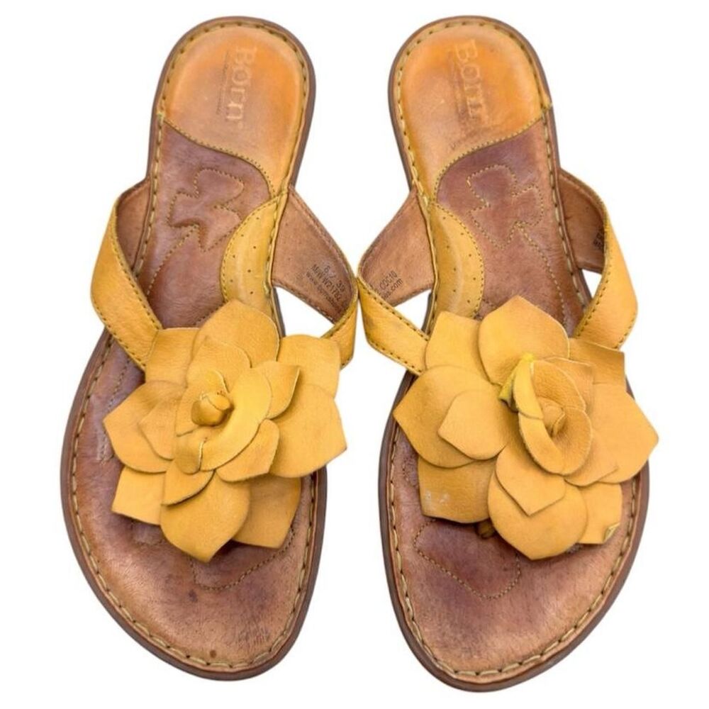 Born yellow genuine leather sandals with flower detail, size US 8